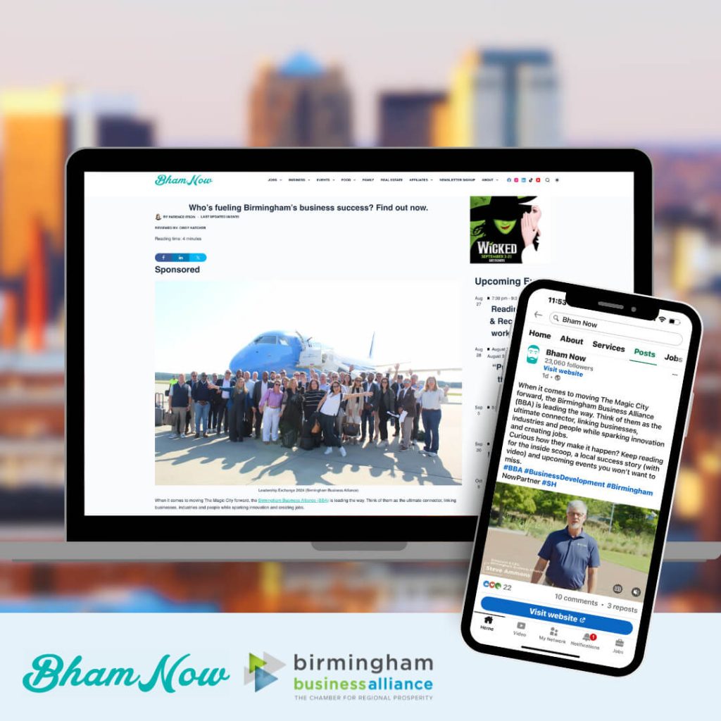 Graphic with a snapshot of the Bham Now article and video